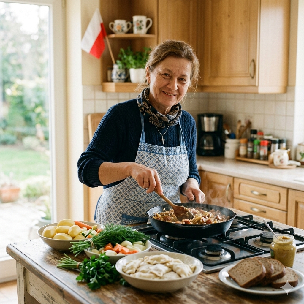 Polska kobieta gotująca w domowej kuchni i przygotowująca tradycyjne danie
