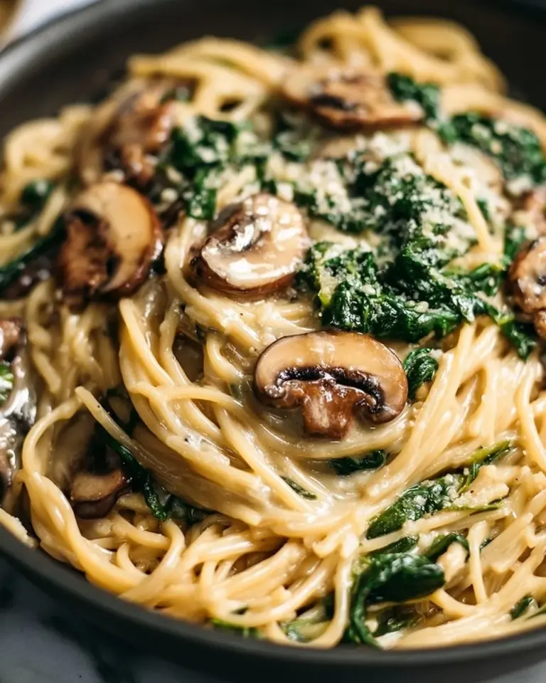 Makaron jednogarnkowy z czosnkiem, parmezanem, szpinakiem i grzybami na talerzu