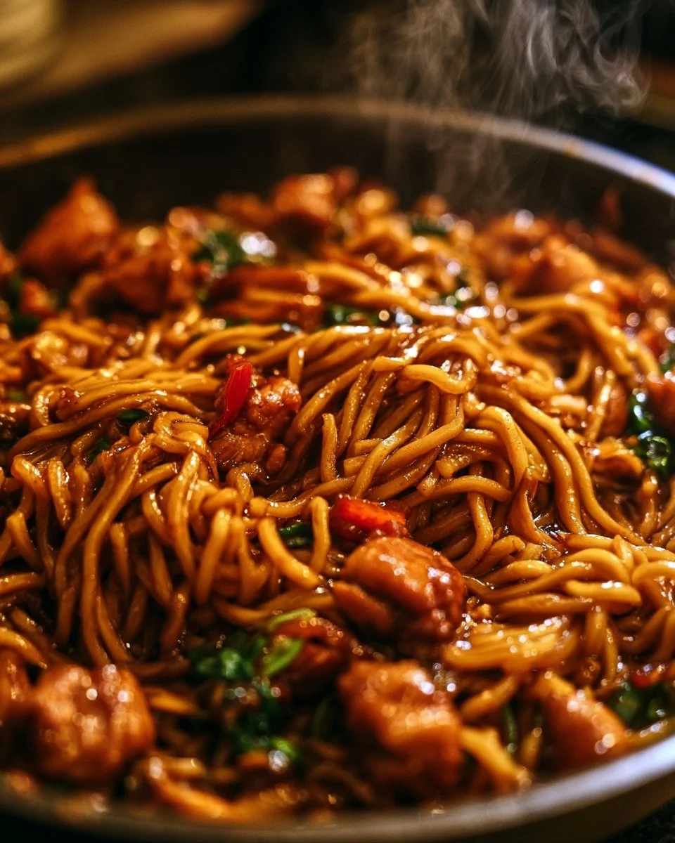 Pyszny Chicken Chow Mein z sosem w 30 minut na talerzu.