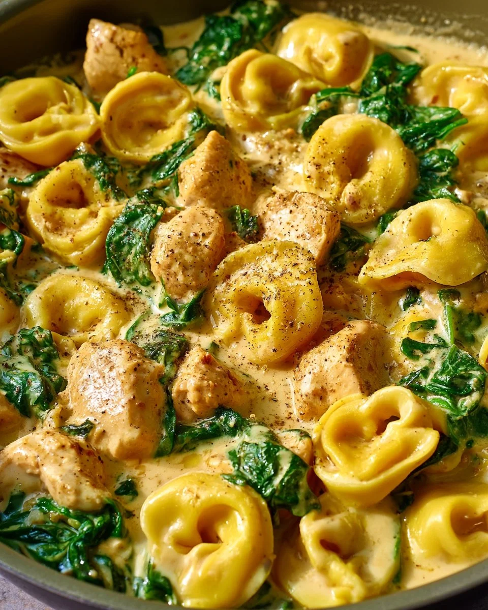 Tortellini z kurczakiem w kremowym sosie na talerzu