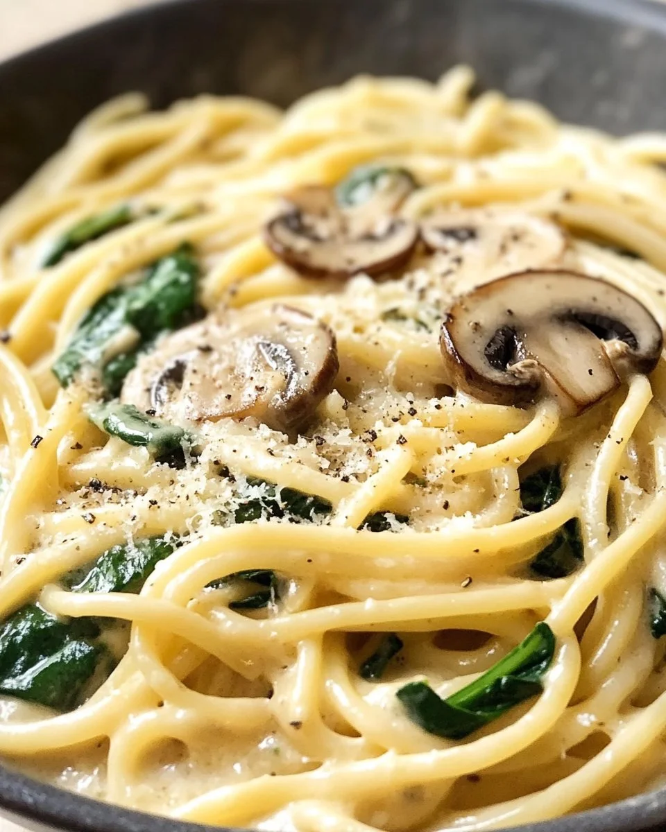 Makaron jednogarnkowy z czosnkiem, parmezanem, szpinakiem i grzybami